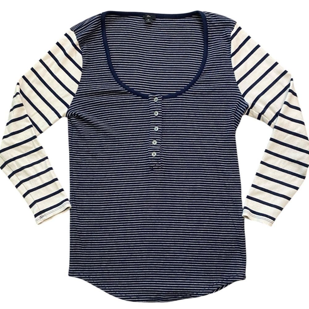 J. Crew Navy and White Striped Scoop Neck Ribbed Long Sleeve Henley - Picture 7 of 14